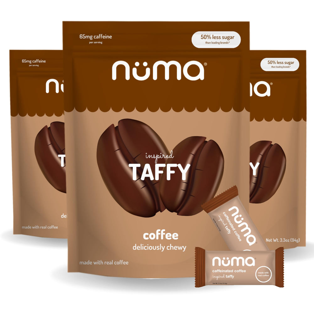 Numa front packaging showing three pouches and product name for grab-and-go energy