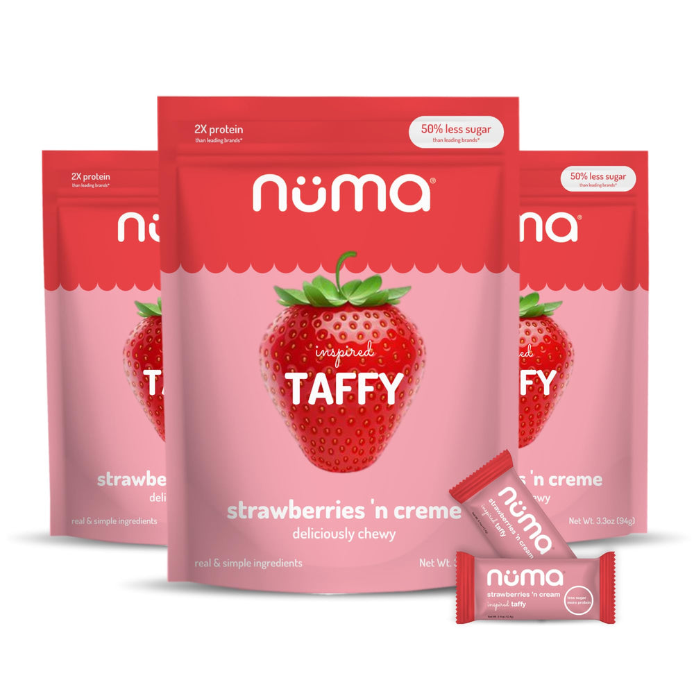 Numa front pack showing strawberries and creme flavor and low-sugar benefit