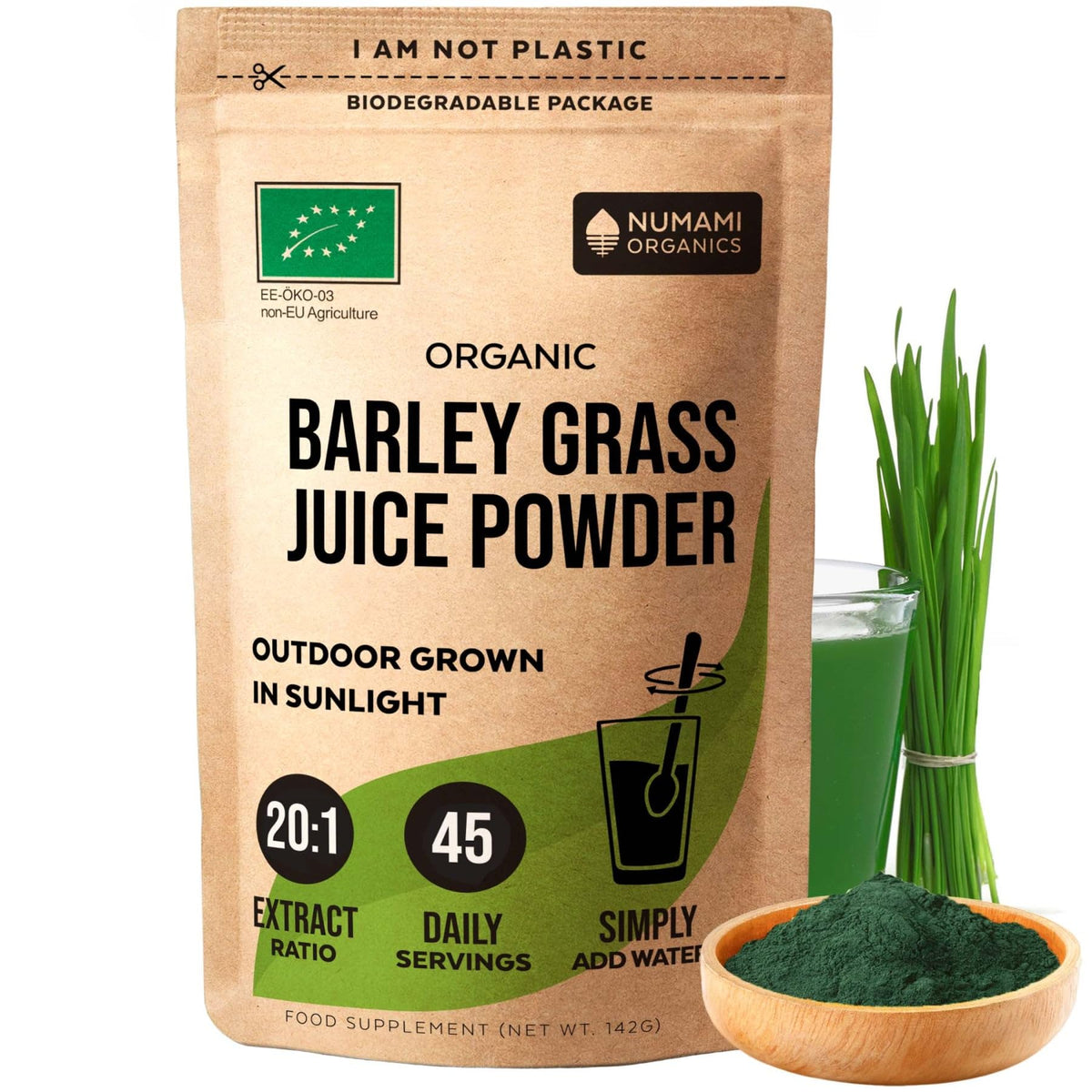 Numami front packaging showing organic barley grass powder benefits