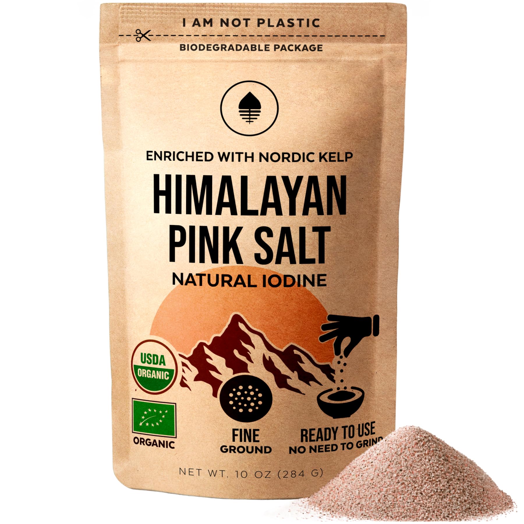 Numami front packaging showing fine Himalayan kelp salt and eco-friendly design benefits