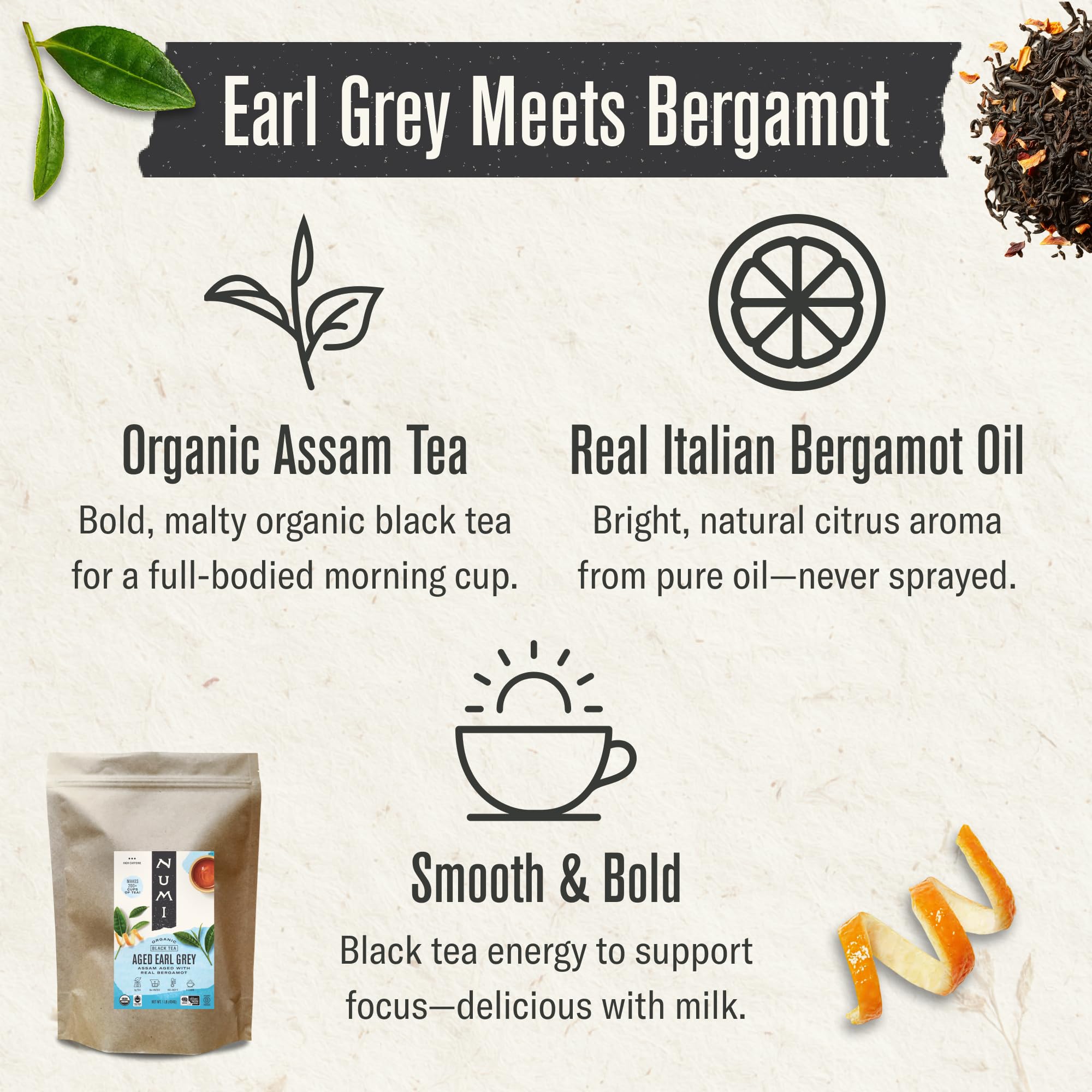 Numi bergamot fruit detail illustrating real bergamot aging benefit