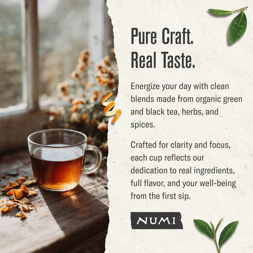 Numi Fair Trade label and estate imagery highlighting ethical sourcing