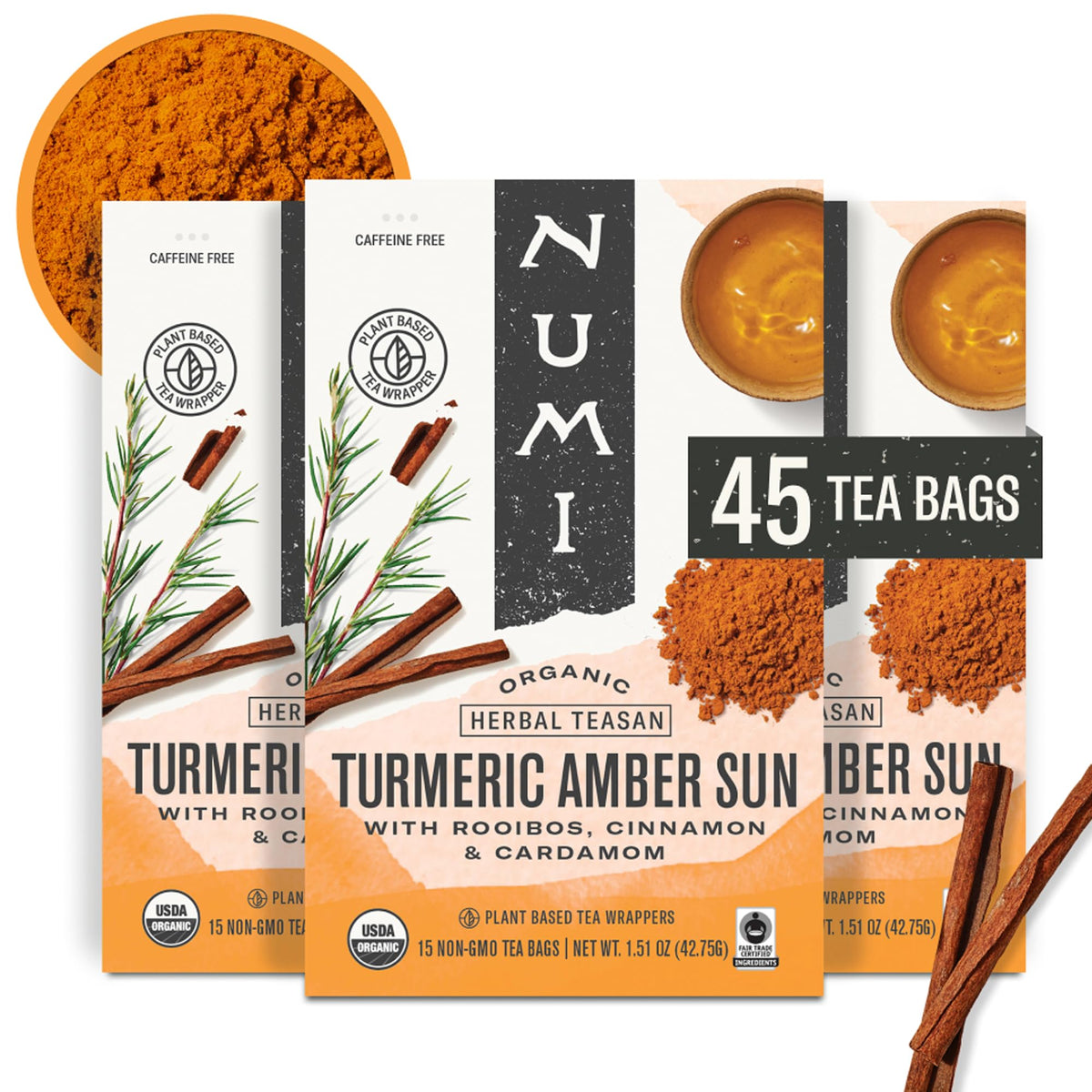 Numi Amber Sun front packaging showing organic certification and 45 tea bags benefit clarity