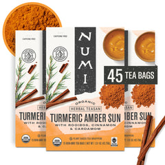 Numi Amber Sun front packaging showing organic certification and 45 tea bags benefit clarity