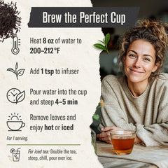 Steaming cup of Numi Breakfast Blend, demonstrates bold hot flavor and morning energy