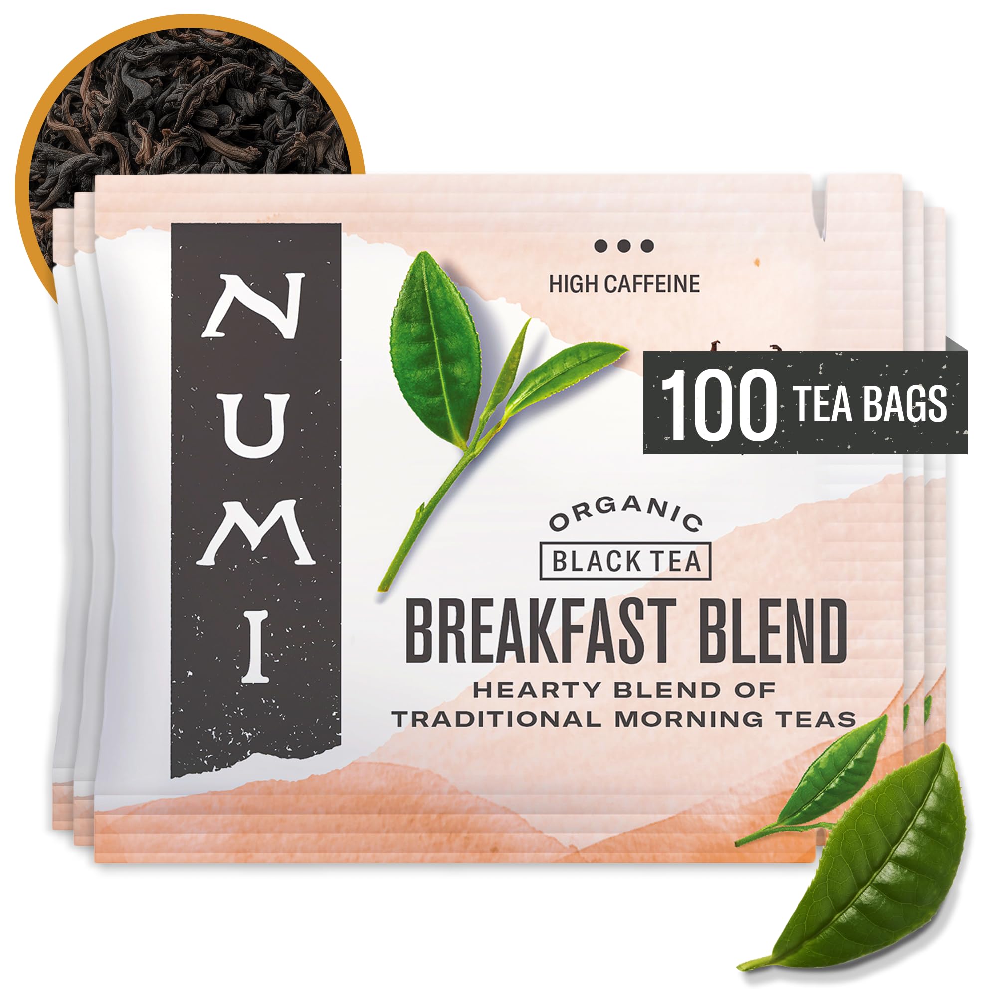 Numi front packaging showing Breakfast Blend and certifications, highlights organic benefit