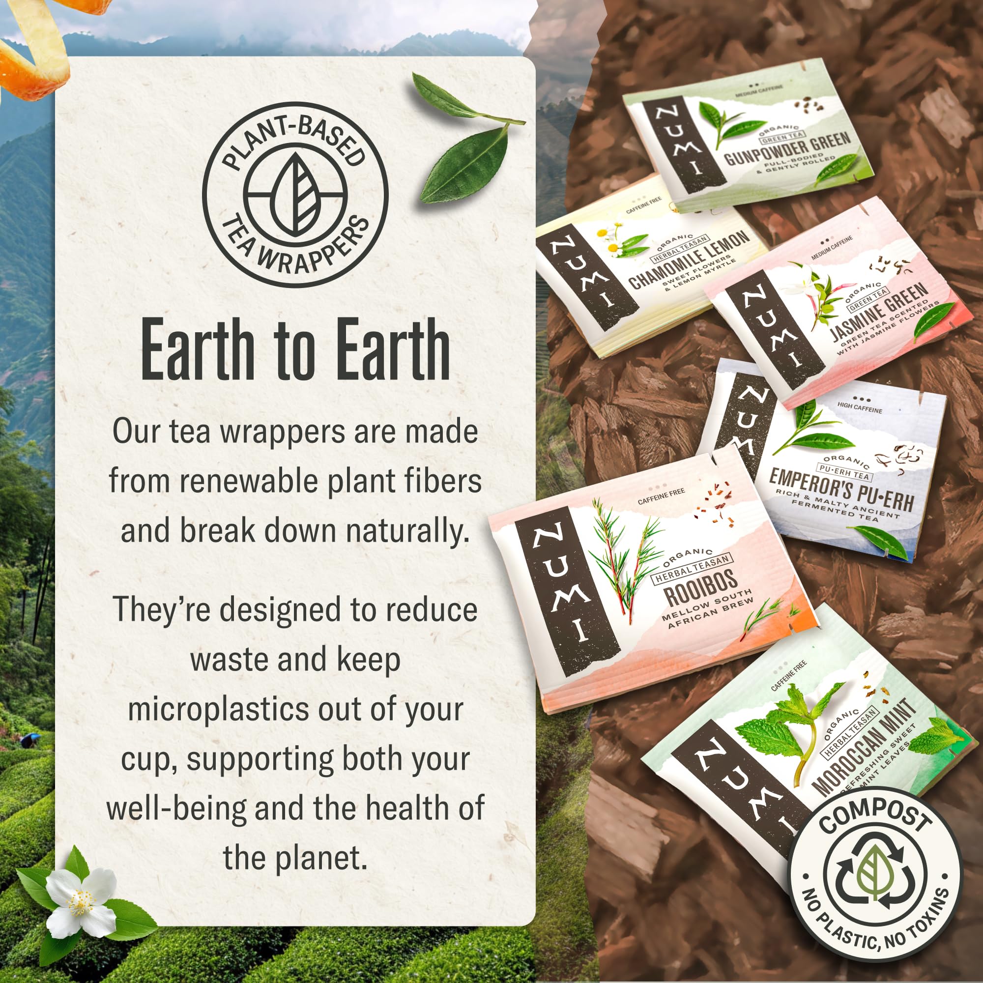 Numi plant-based outer wrapper being composted, communicates compostable packaging benefit