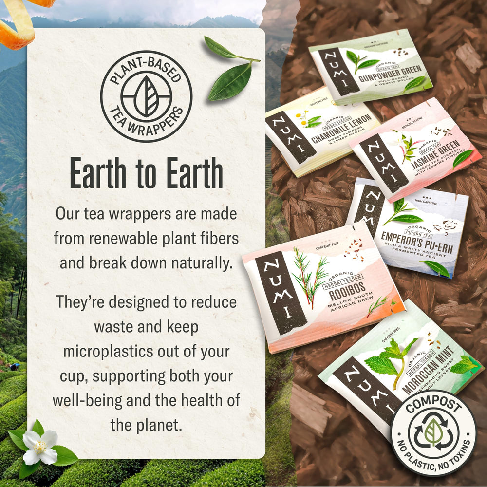 Numi plant-based outer wrapper being composted, communicates compostable packaging benefit