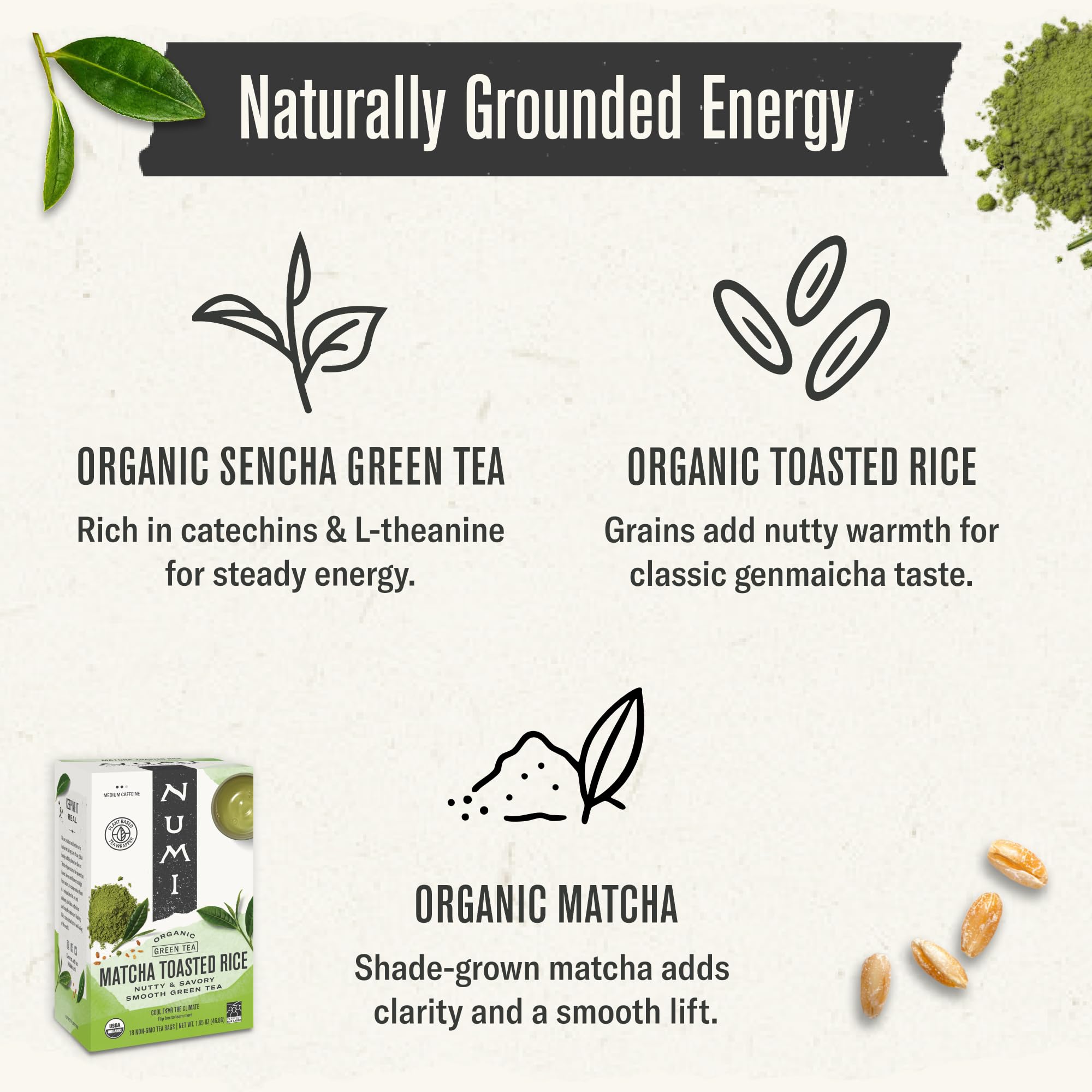 Numi brewed cup displaying nutty toasted rice color and smooth sip benefit