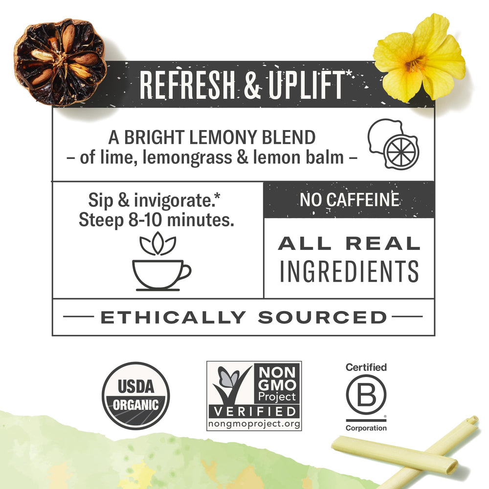 Numi damiana box staged on table with cup, suggesting sustainable daily tea moments