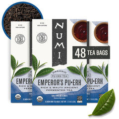 Numi Emperor's Pu-erh front box showing organic dark tea packaging and convenience