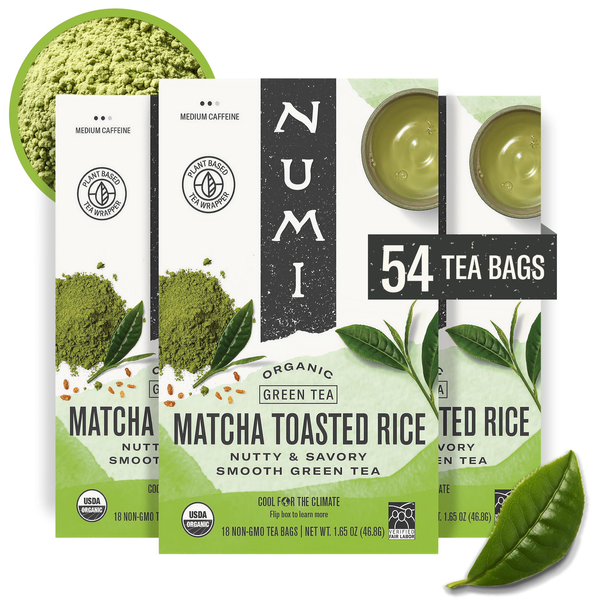 Numi front box packaging showing organic label and 54 bags benefit clear sourcing
