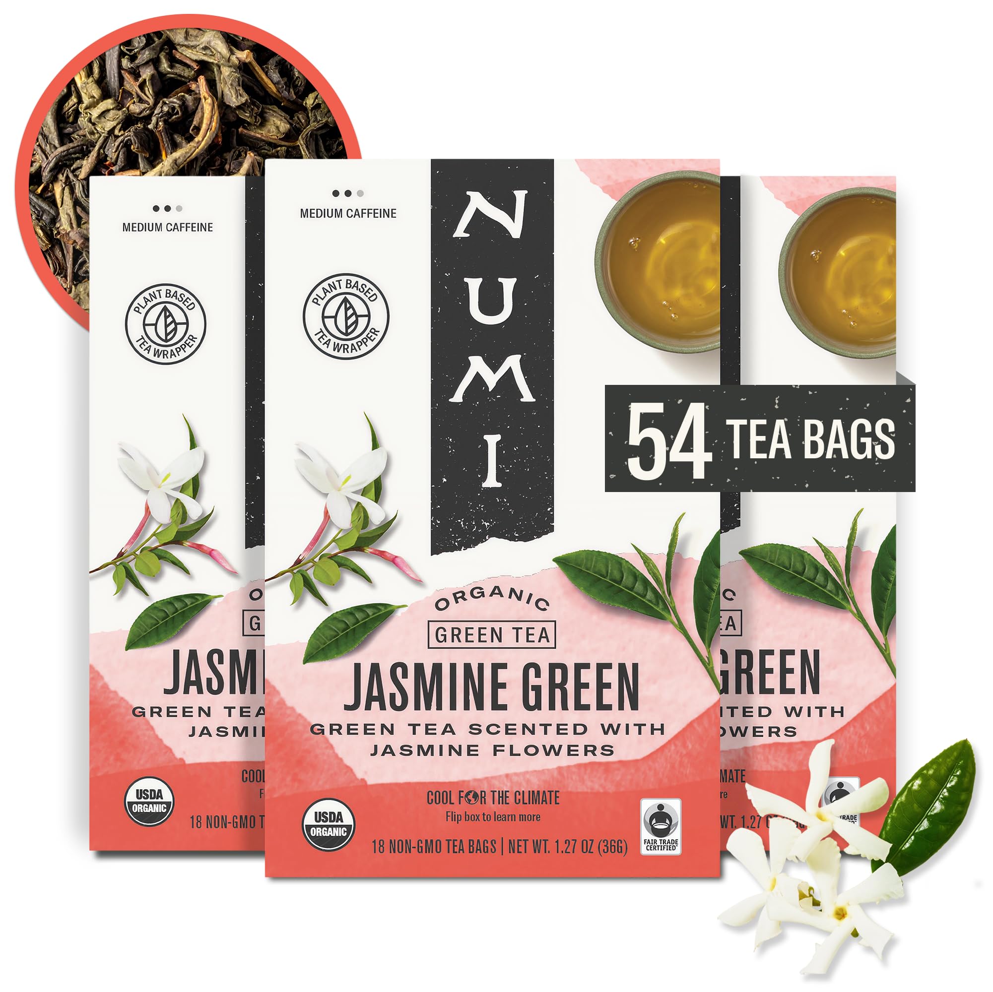 Numi front box showing organic jasmine green tea — clear ingredient transparency
