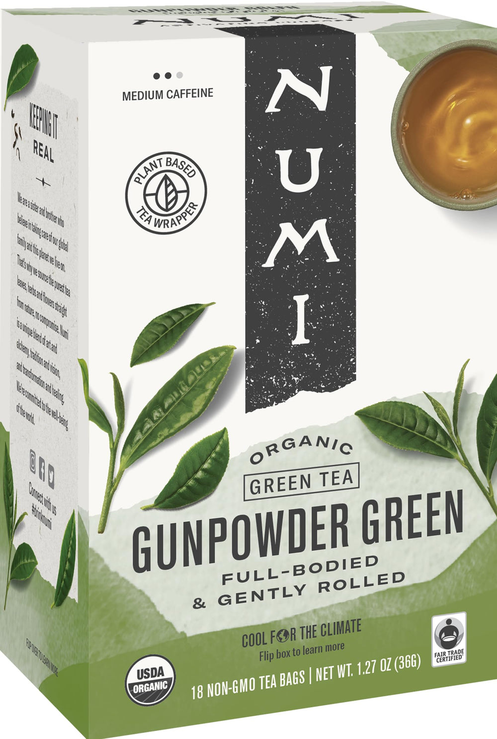 Numi front box showing organic gunpowder green tea and convenient value