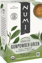 Numi front box showing organic gunpowder green tea and convenient value