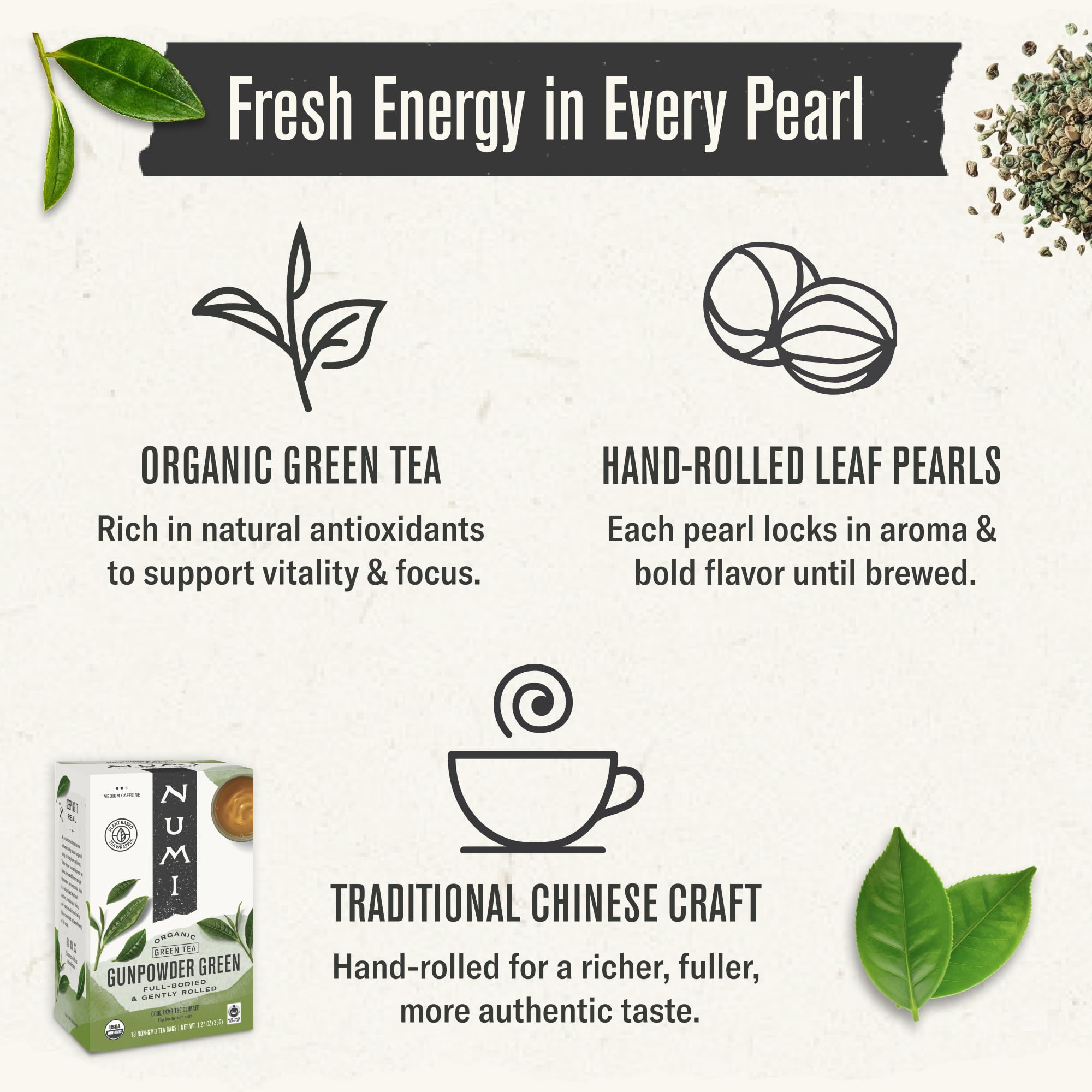Numi rolled tea pearls detail highlighting concentrated flavor and aroma preservation