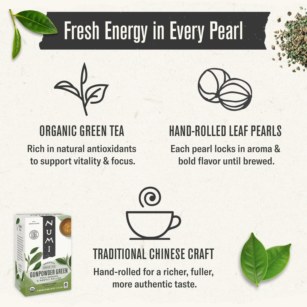 Numi rolled tea pearls detail highlighting concentrated flavor and aroma preservation