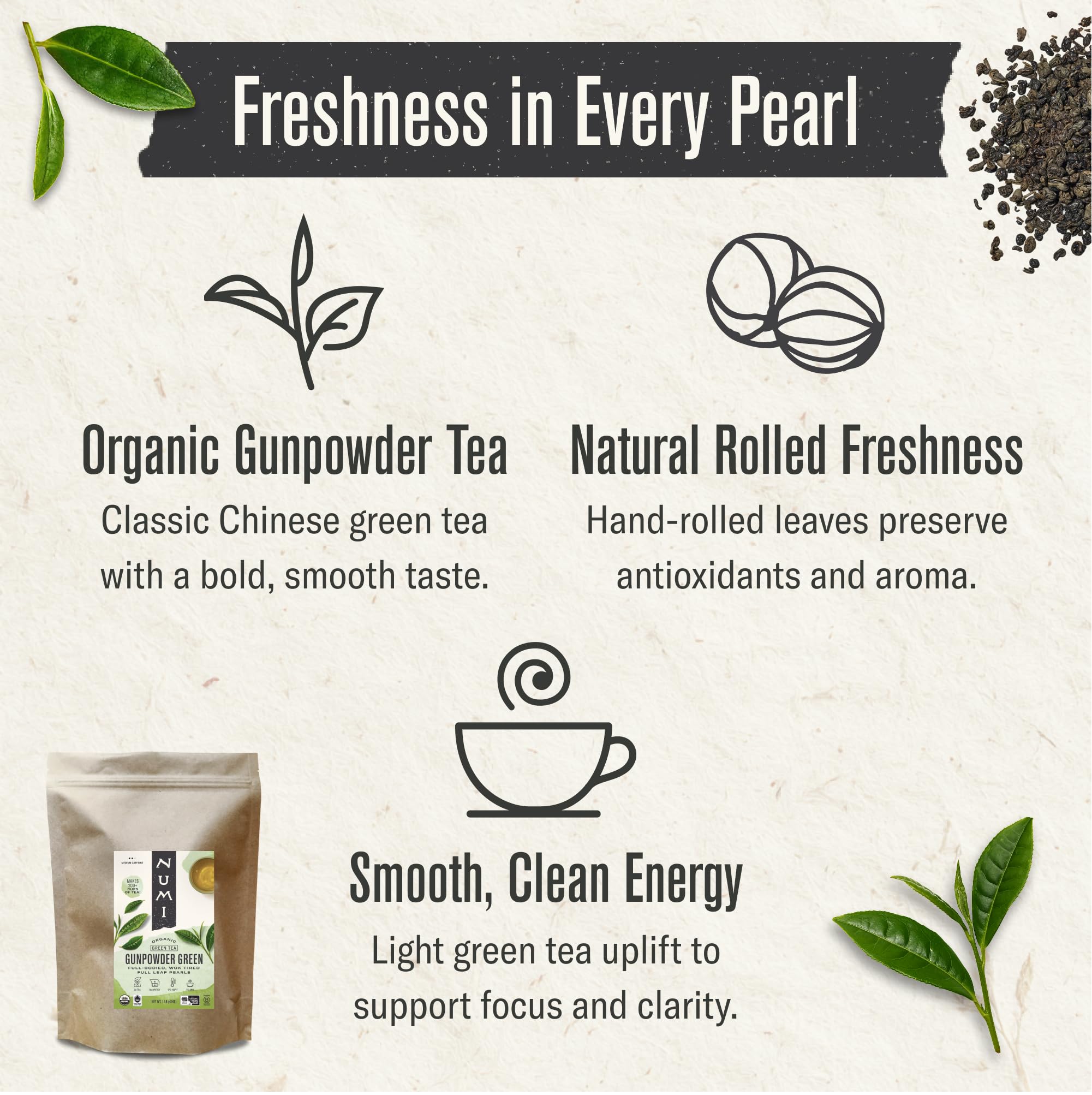 Numi tea leaves unfurling in teapot illustrating brewing clarity and flavor