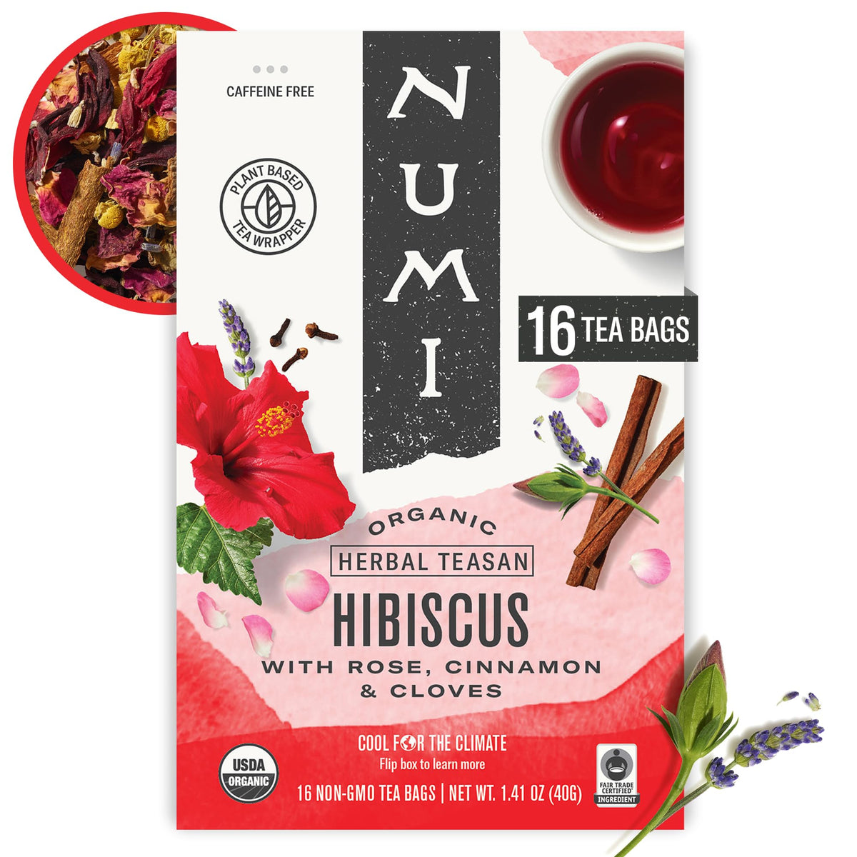 Numi front packaging showing organic hibiscus tea and certifications for sustainable sourcing