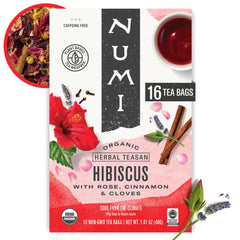 Numi front packaging showing organic hibiscus tea and certifications for sustainable sourcing