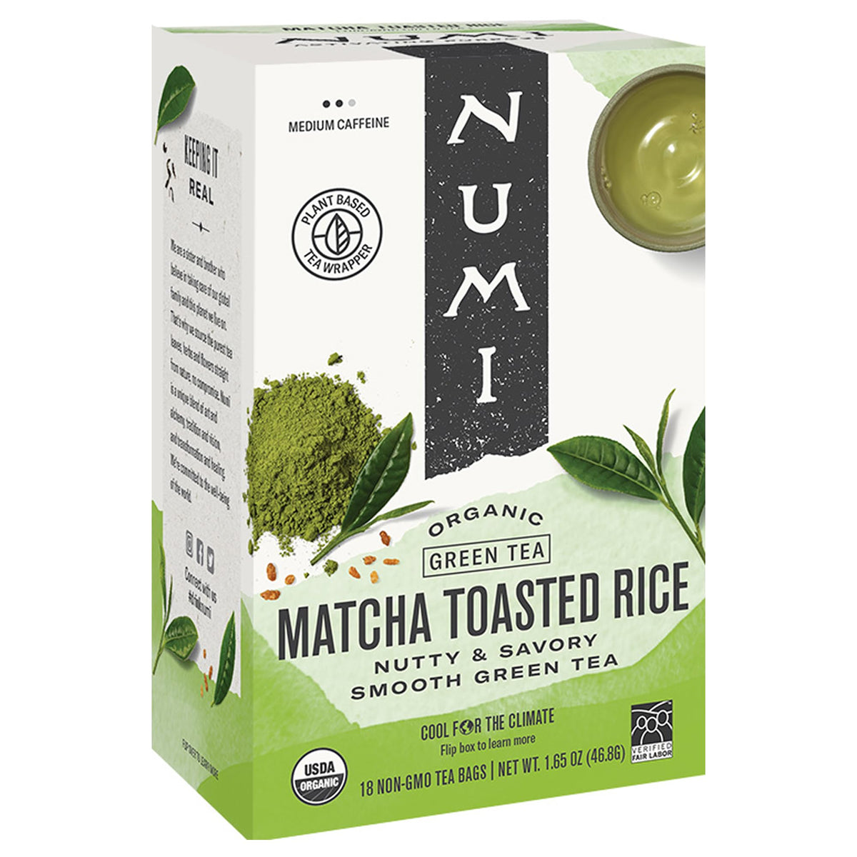 Numi front packaging showing matcha toasted rice tea bags and product benefit of smooth roasted flavor