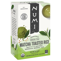 Numi front packaging showing matcha toasted rice tea bags and product benefit of smooth roasted flavor