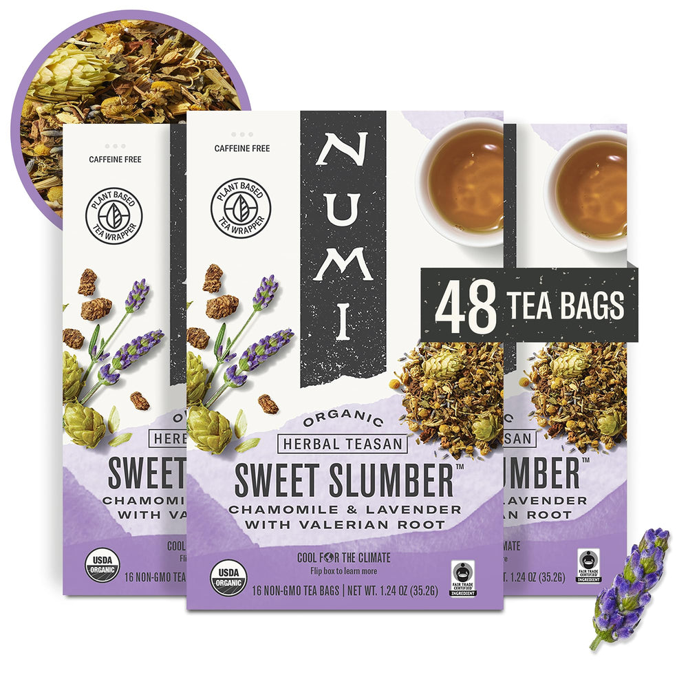 Numi Sweet Slumber front box showing organic and Fair Trade badges