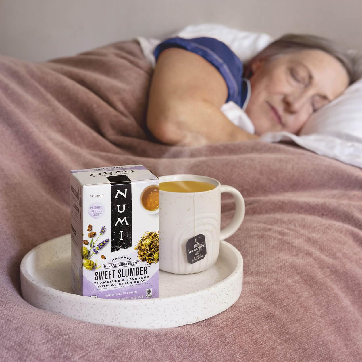 Numi Sweet Slumber manila hemp tea bag close-up with compostable benefit