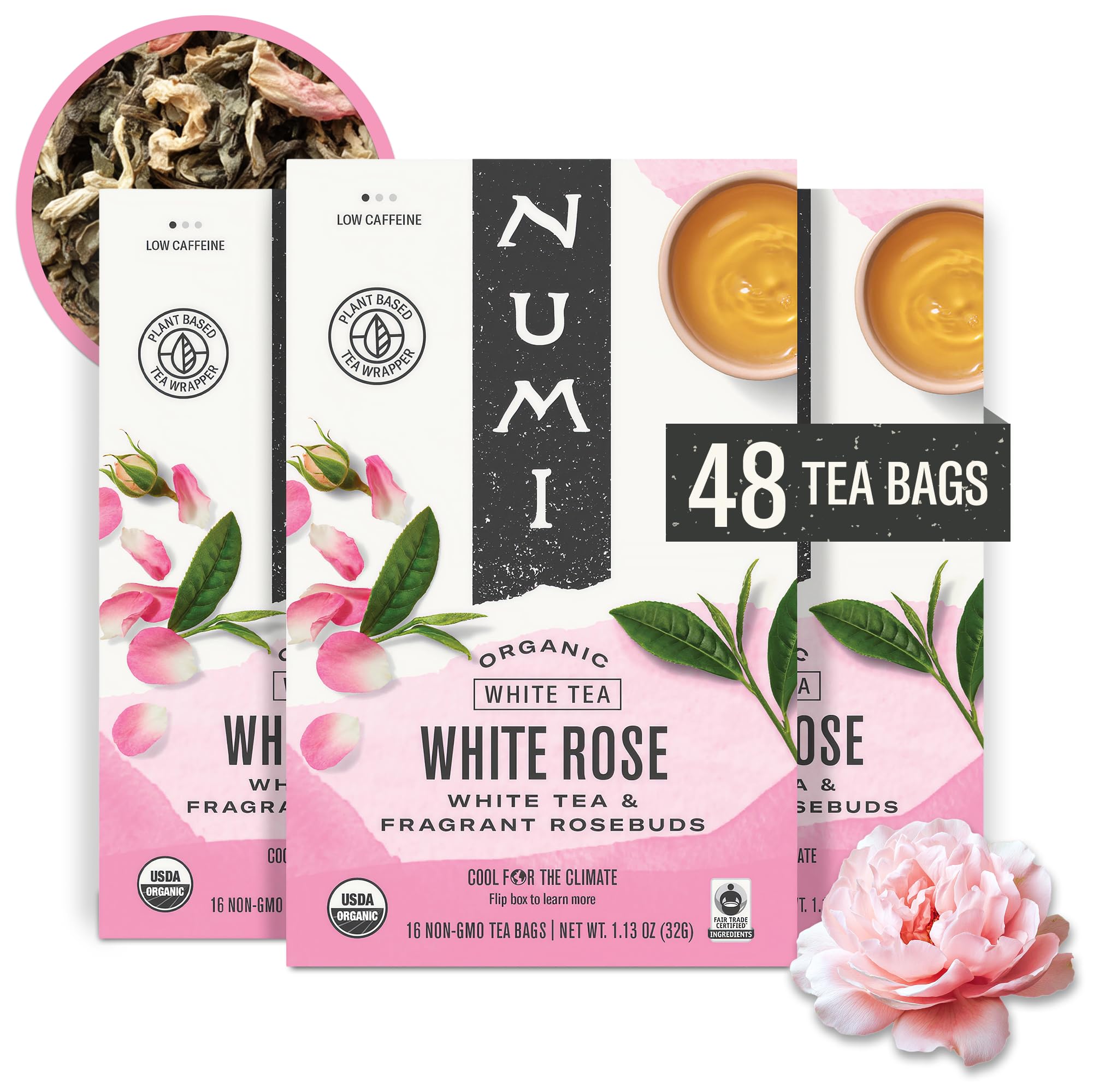 Numi front box showing Organic White Rose and 48 tea bags benefit: clear product identity