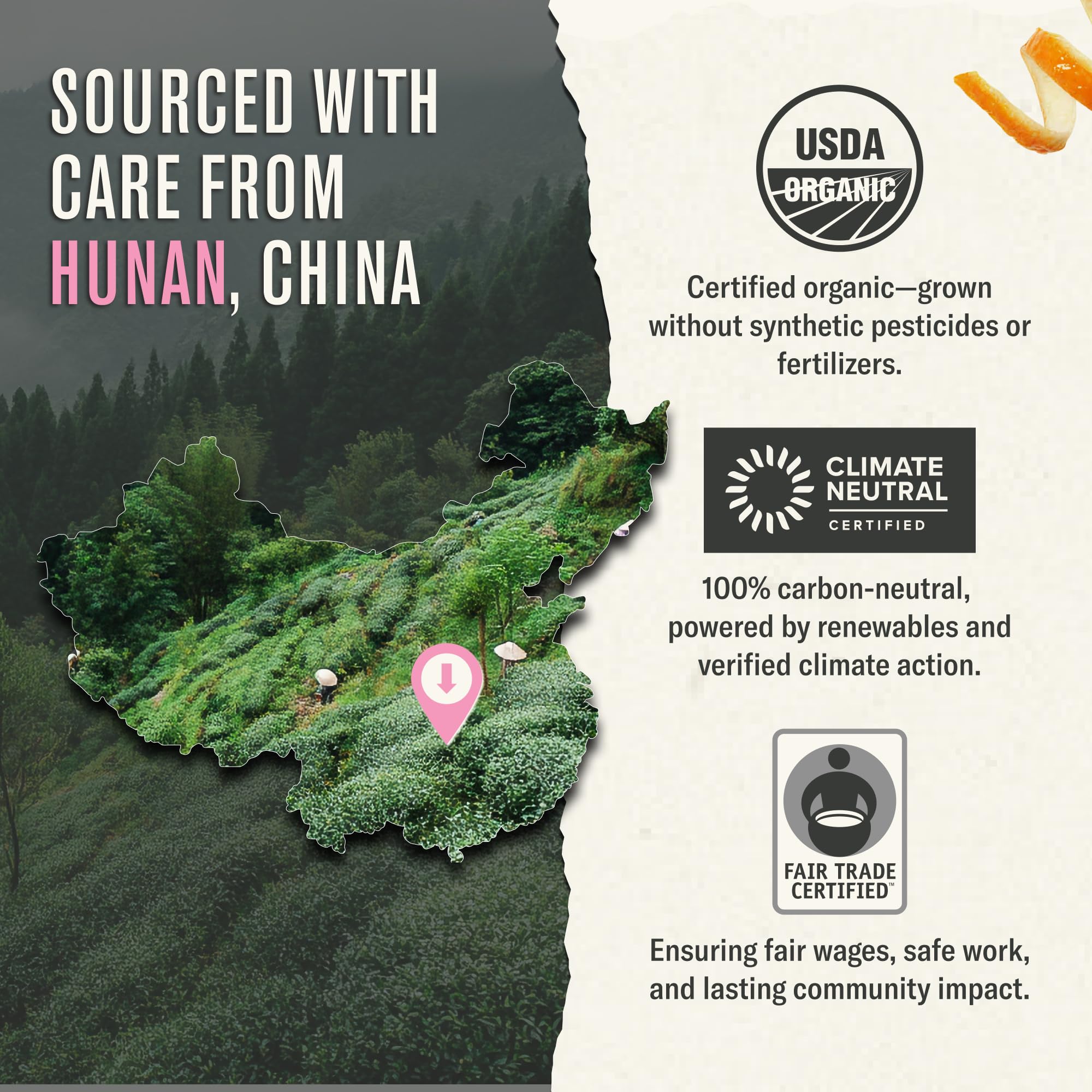 Numi compostable outer wrapper displayed highlighting plant-based packaging benefit