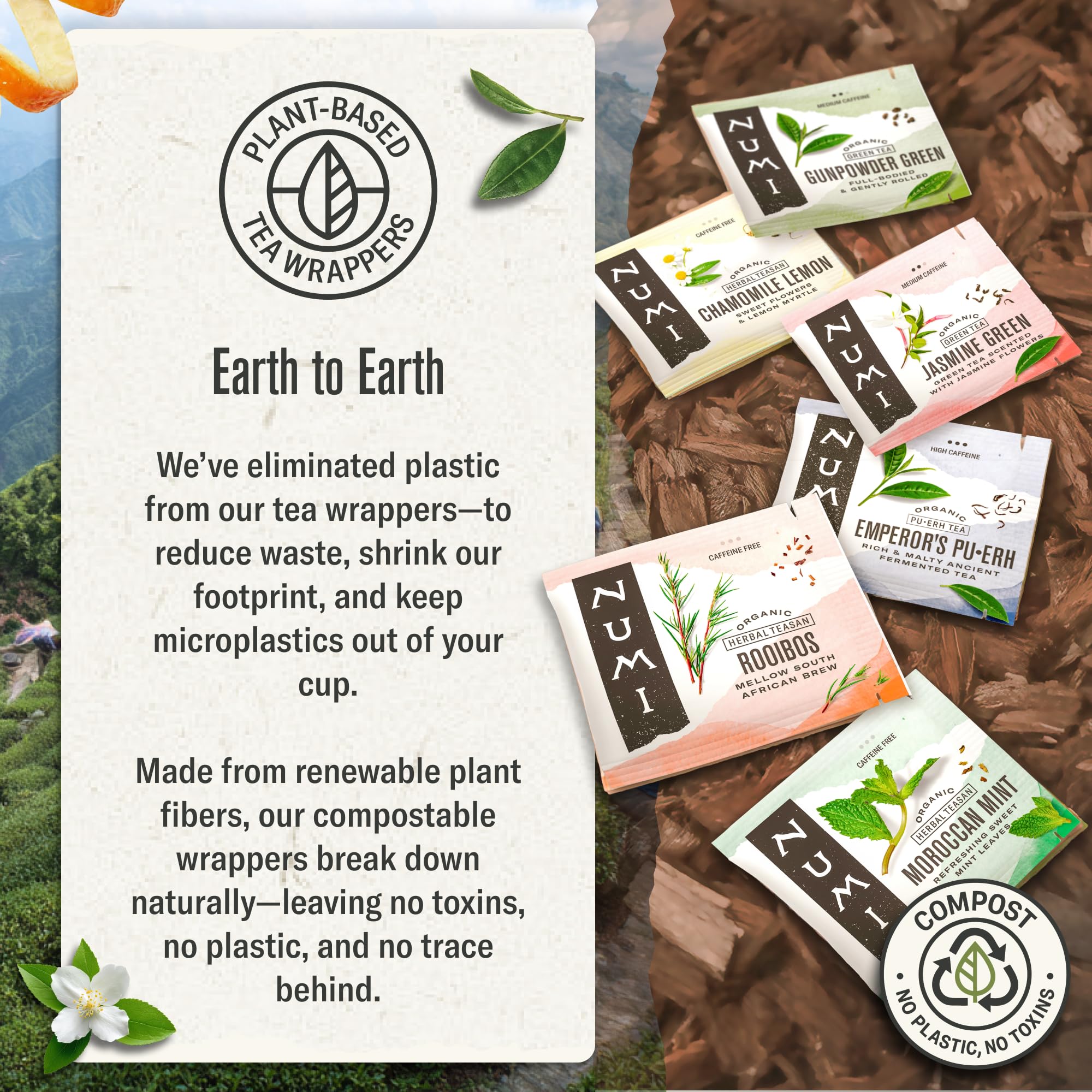 Numi tea bag beside teaspoon showing size and full-leaf contents benefit