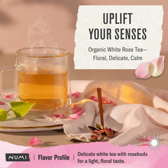 Numi close-up of abacá tea bag showing natural fiber and plastic-free benefit