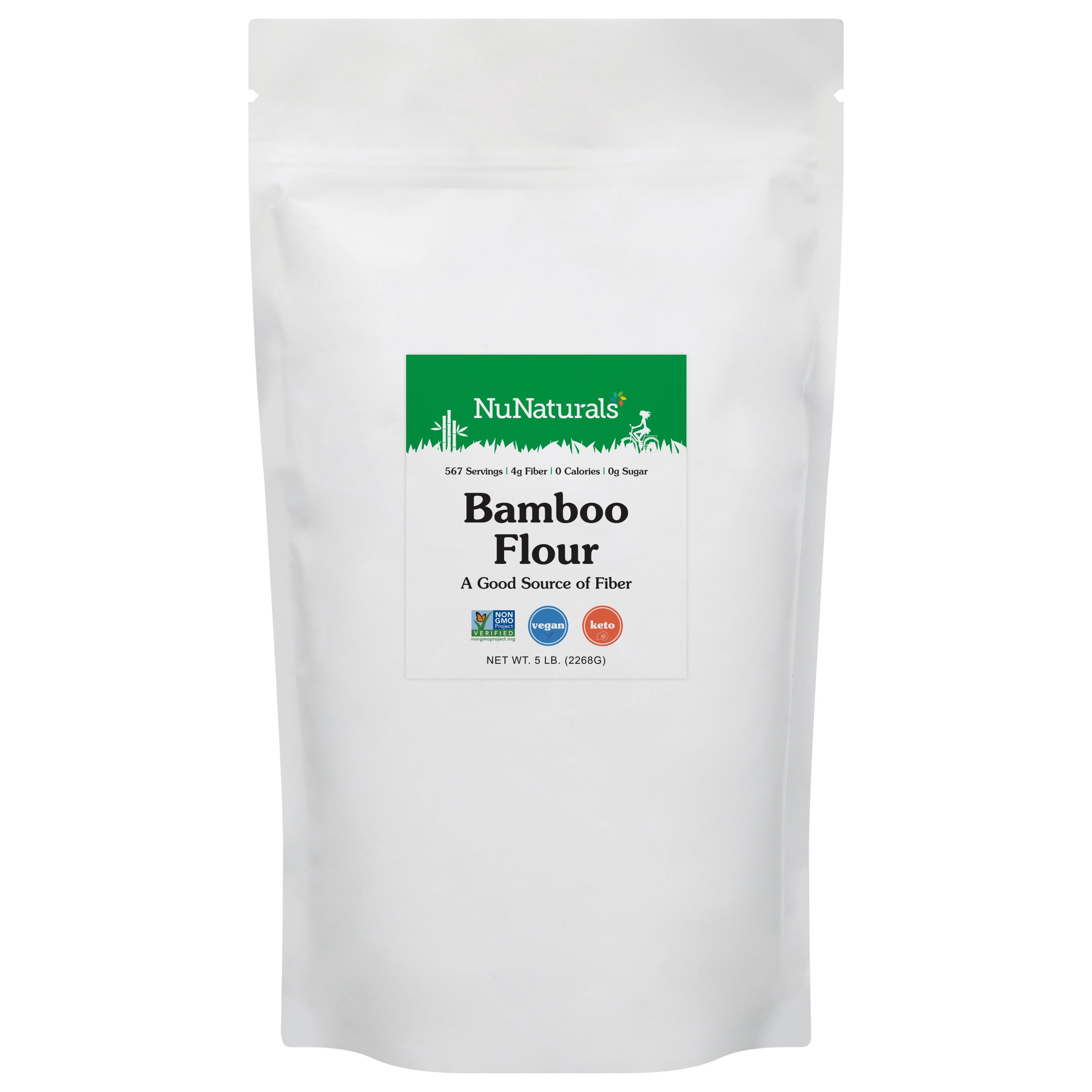 NuNaturals front package showing 5 lb bamboo flour for fiber-rich keto baking