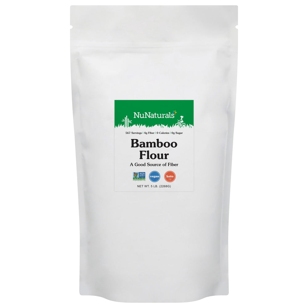 NuNaturals front package showing 5 lb bamboo flour for fiber-rich keto baking