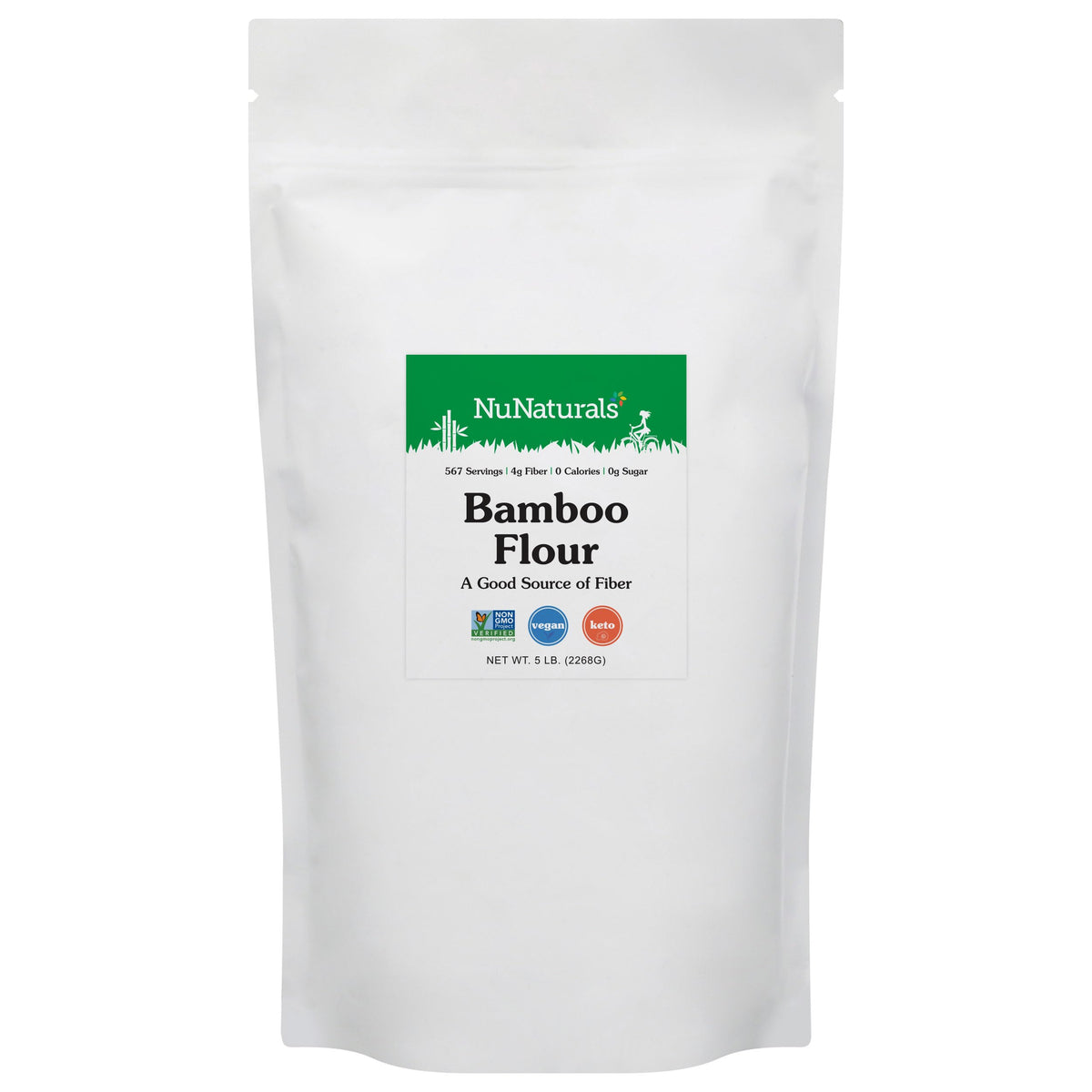 NuNaturals front package showing 5 lb bamboo flour for fiber-rich keto baking