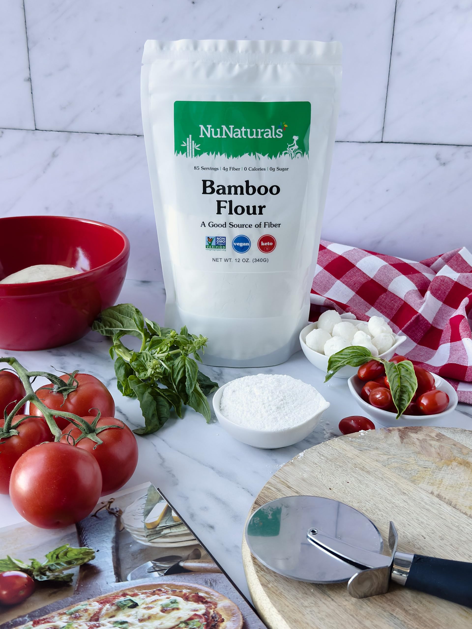NuNaturals bamboo flour in kitchen lifestyle scene conveying sustainable pantry staple