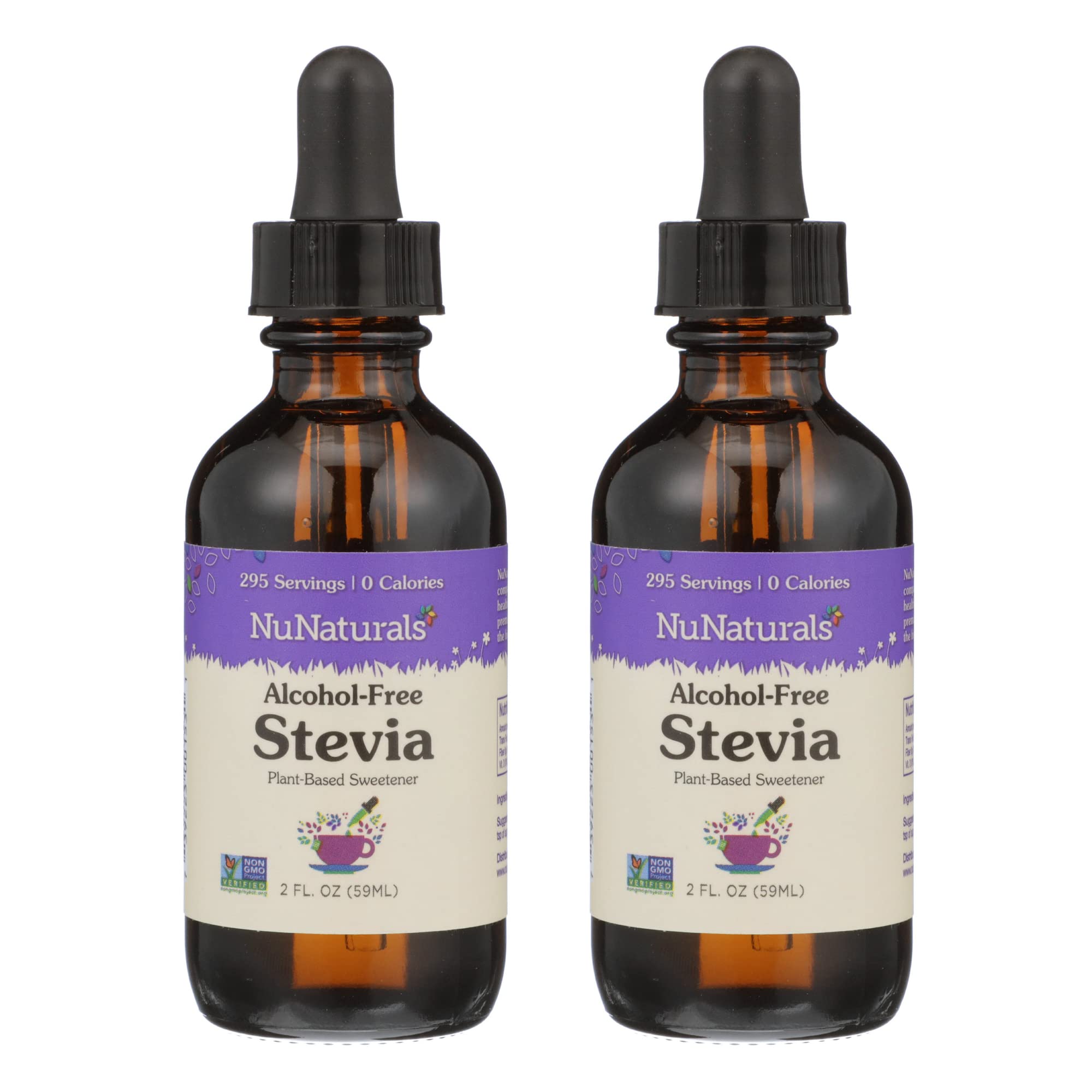NuNaturals front packaging glass bottles showing clear stevia, preserves original taste