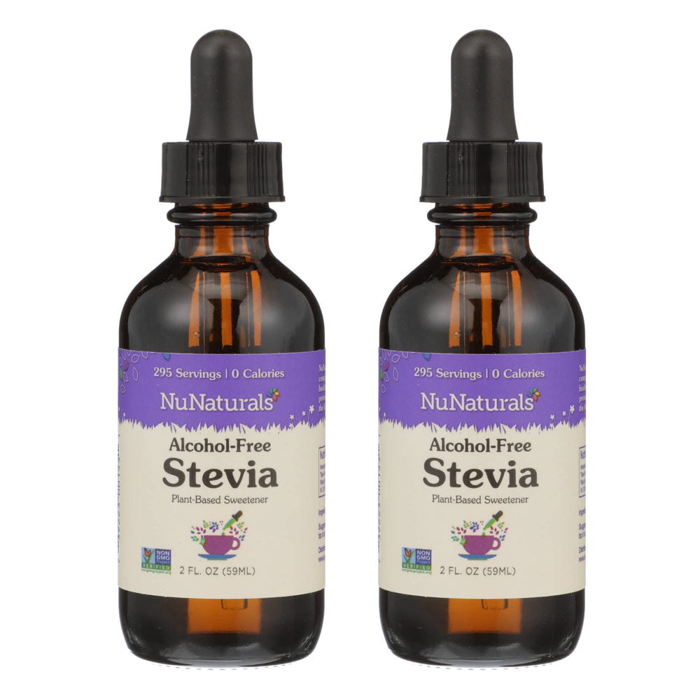 NuNaturals front packaging glass bottles showing clear stevia, preserves original taste
