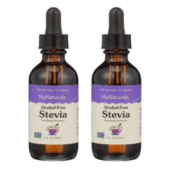 NuNaturals front packaging glass bottles showing clear stevia, preserves original taste