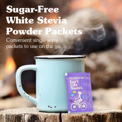 NuNaturals open packet revealing white stevia powder for quick dissolving benefit