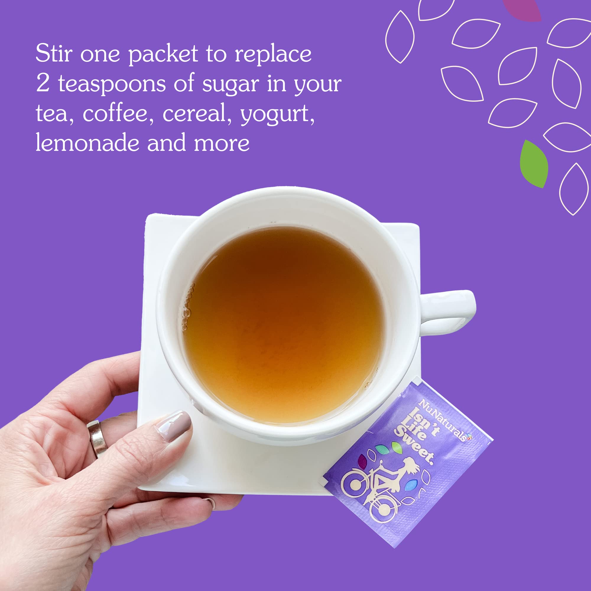 NuNaturals packets spread on tabletop showing bulk supply for offices and events