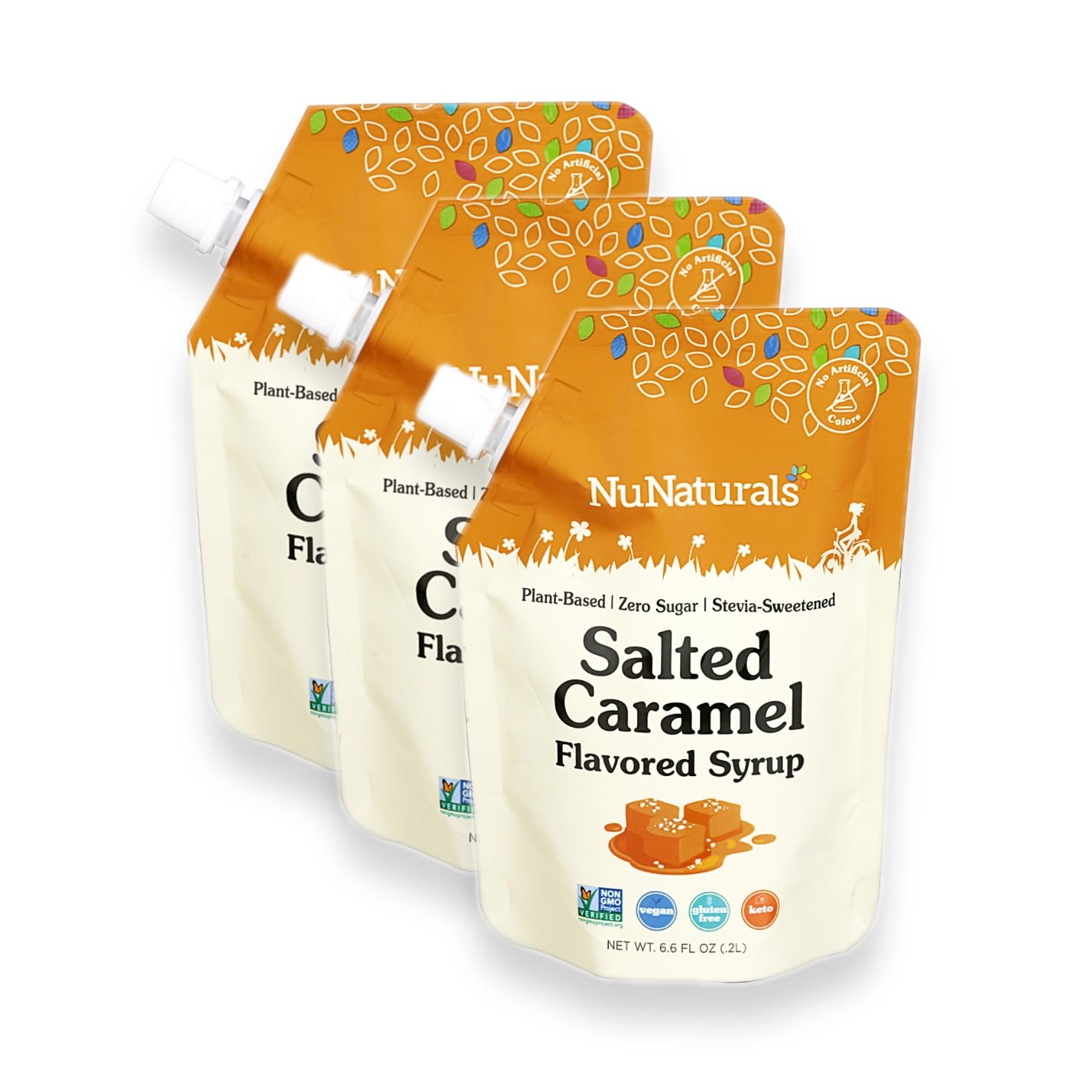 NuNaturals front packaging showing salted caramel syrup bottle and branding benefit