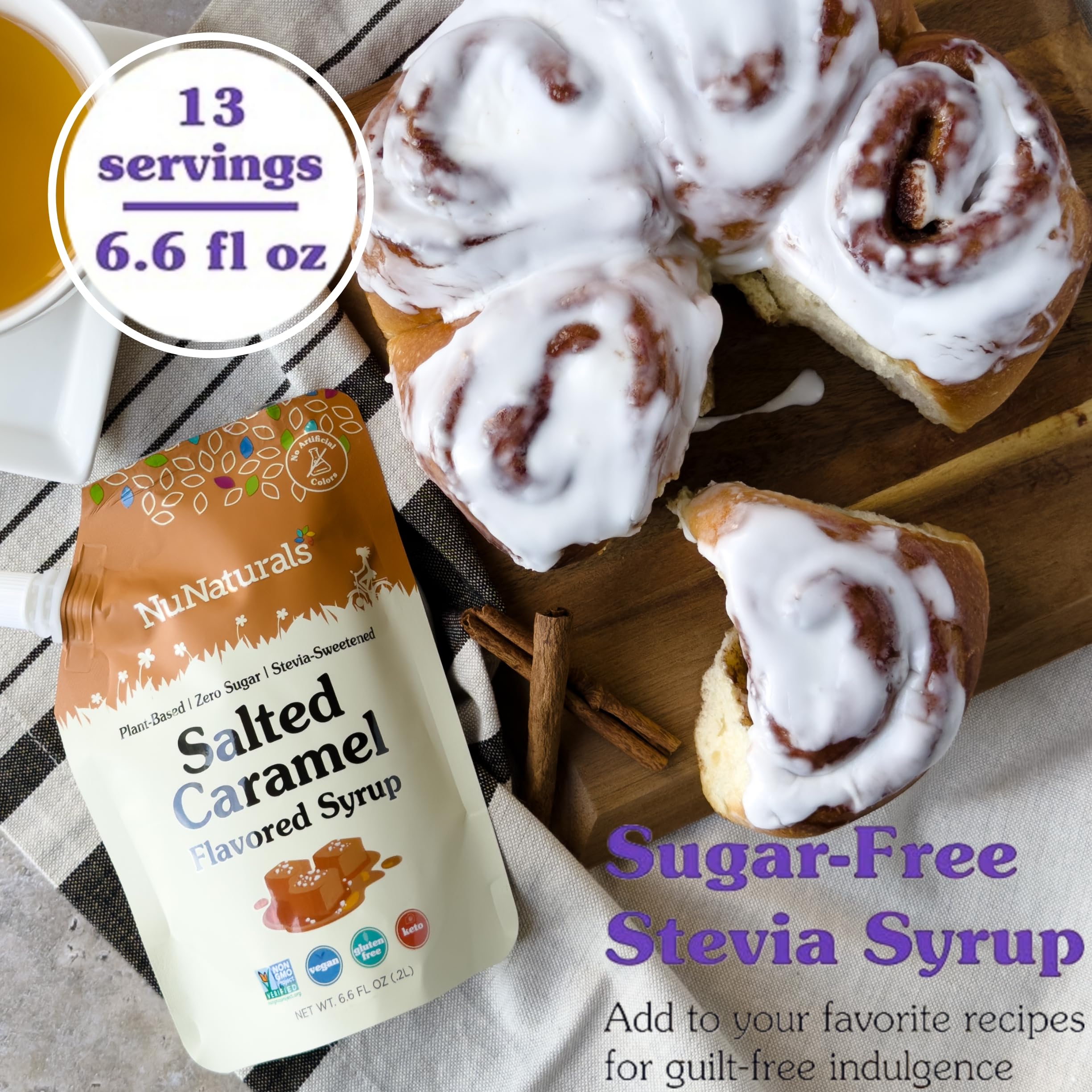 NuNaturals syrup pouring into coffee for quick sugar-free caramel flavor