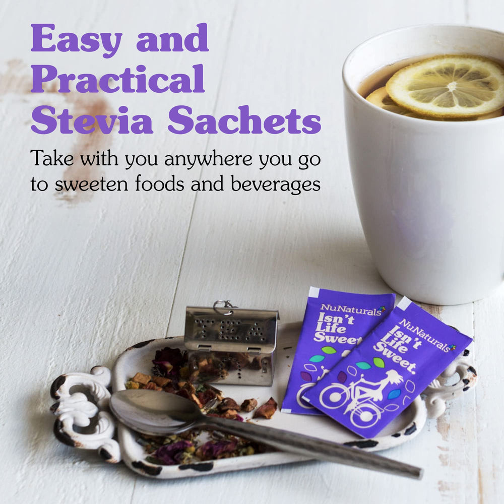 NuNaturals serving size illustration showing one packet replaces two teaspoons sugar