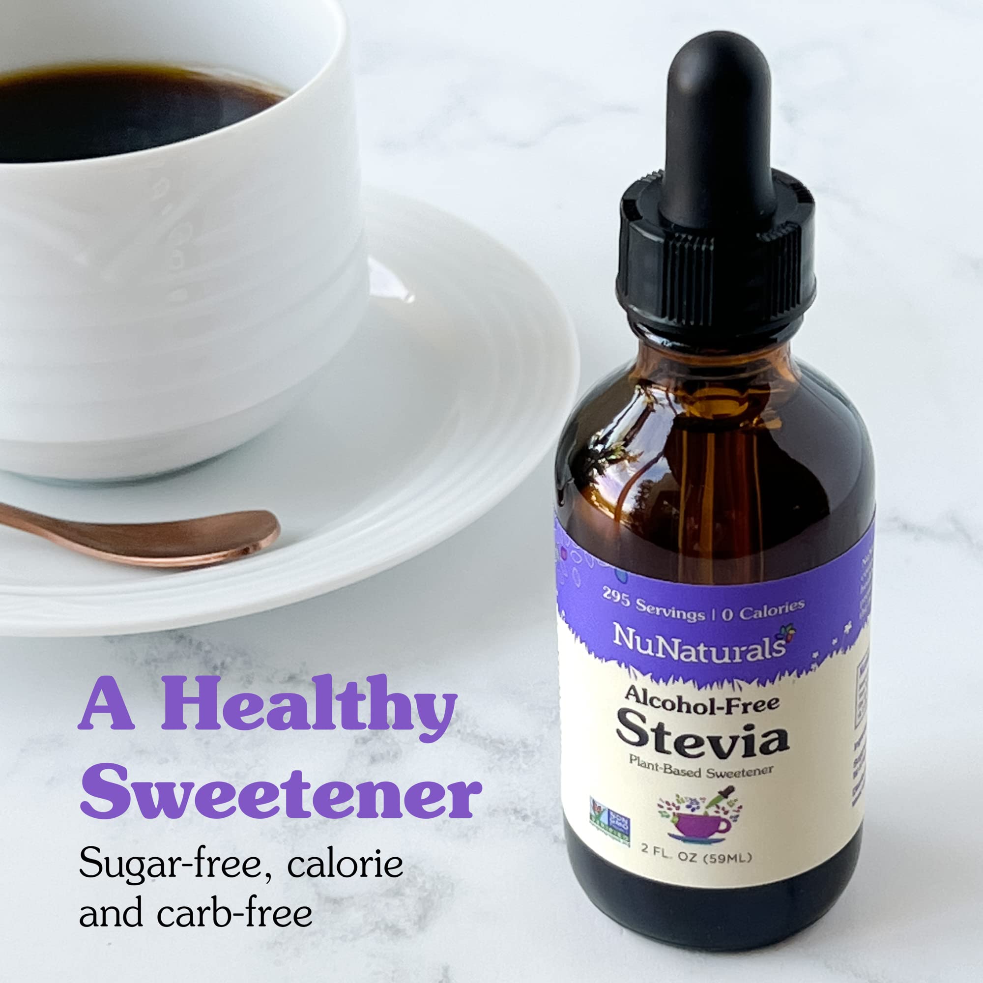 NuNaturals stevia drops on hand illustrating concentrated few-drops usage