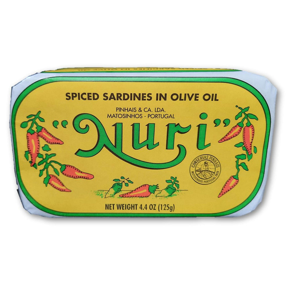 NURI front can showing spiced olive oil label and premium packaging benefit