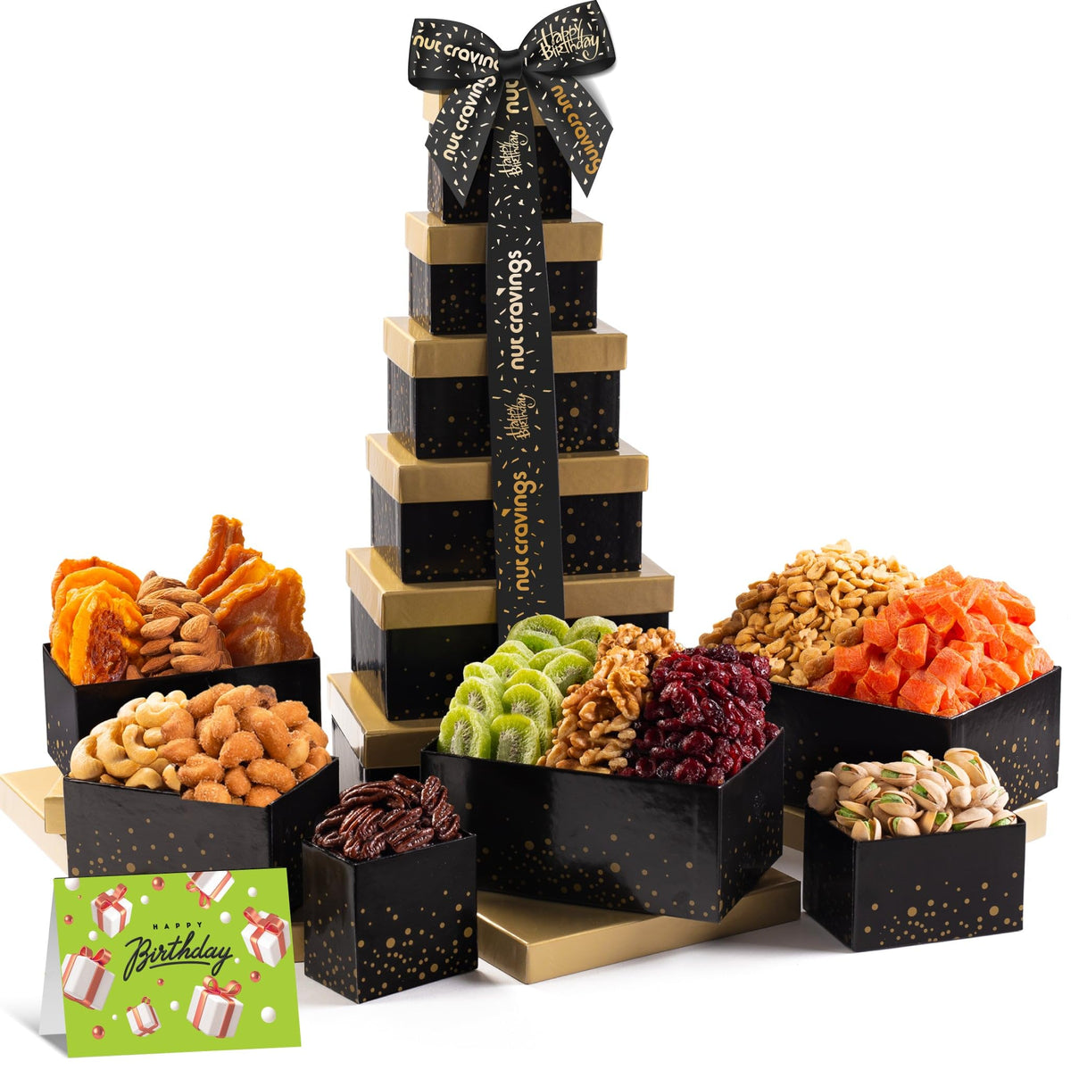 Nut Cravings black and gold tower front view showing premium gift presentation and elegance