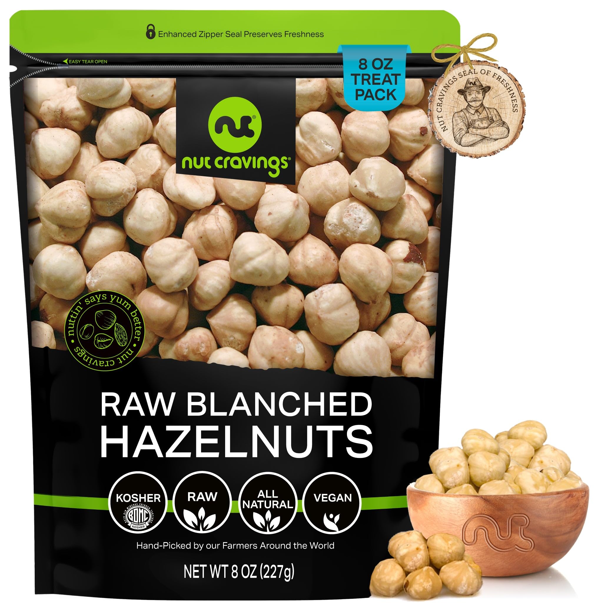 Nut Cravings front pouch showing 8oz blanched hazelnuts, keeps nuts fresh