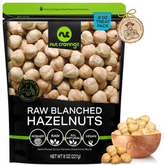 Nut Cravings front pouch showing 8oz blanched hazelnuts, keeps nuts fresh