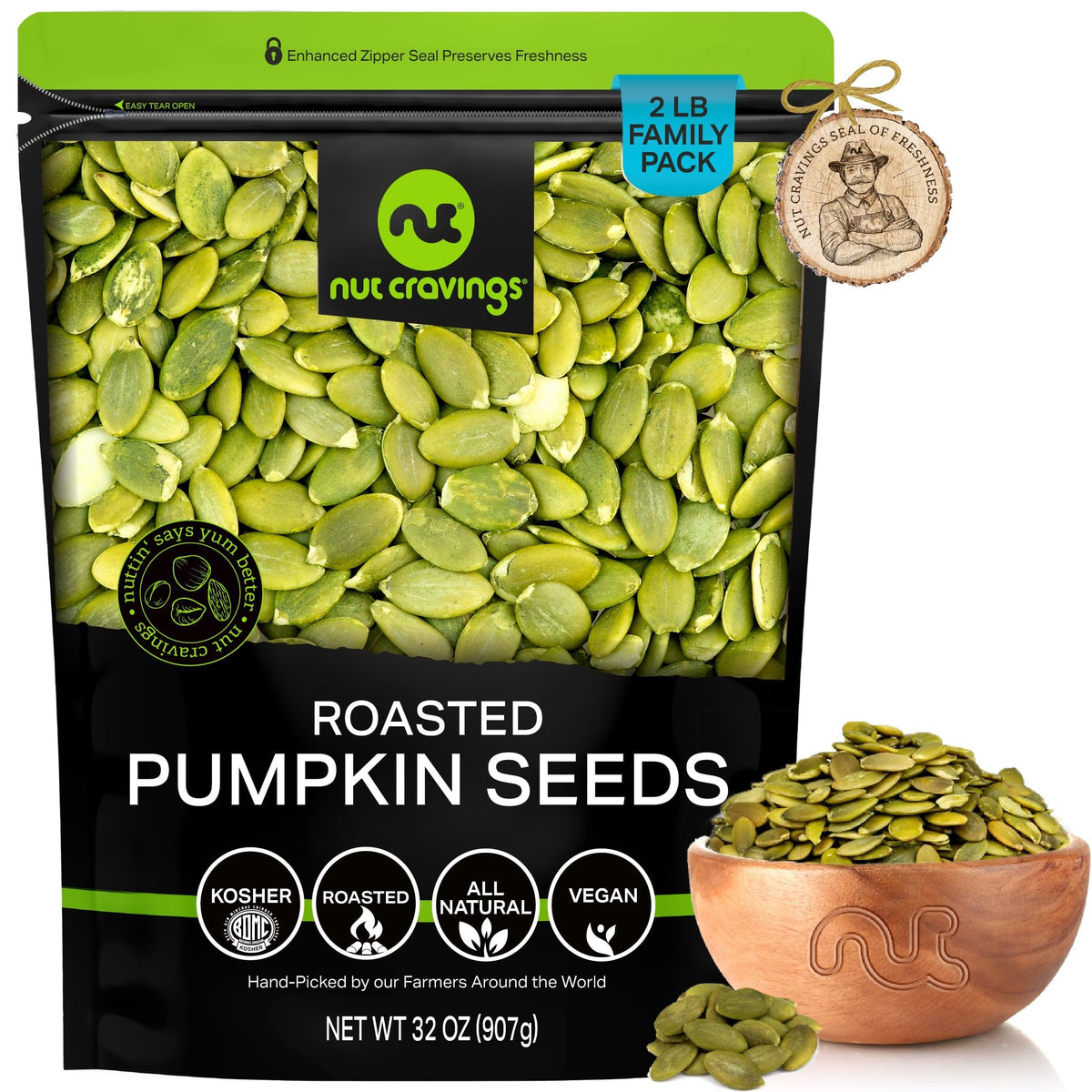 Nut Cravings front package showing 32 oz bag and resealable pouch for freshness
